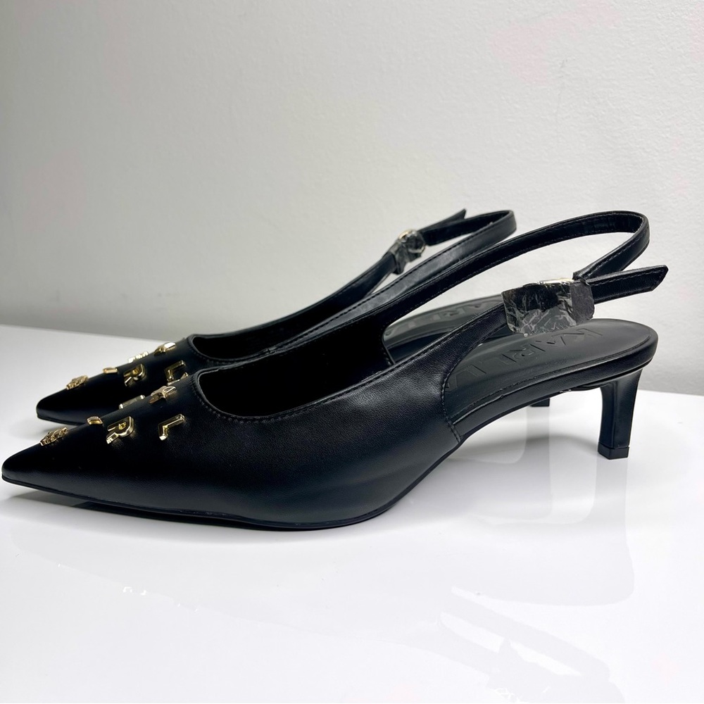 Karl Lagerfeld Paris Black Pointed Kitten Heels with Gold Accents Size 8M - Picture 6 of 11